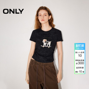 可爱正肩短袖 上衣萌宠捏褶短款 滑板小狗T恤女 新款 ONLY2026春季
