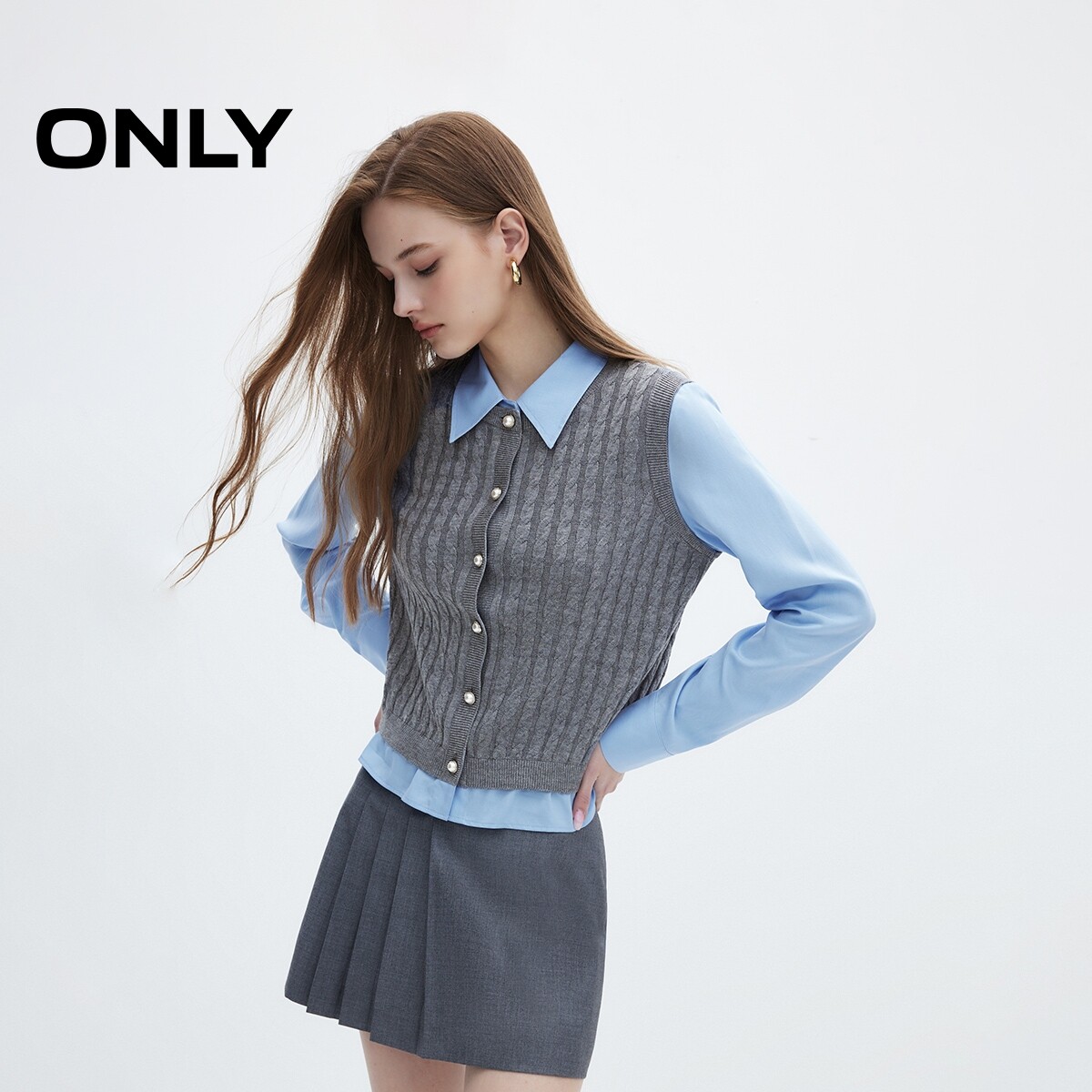 ONLY2024冬季新款莱赛尔气质正肩长袖翻领假两件衬衫女|124305035