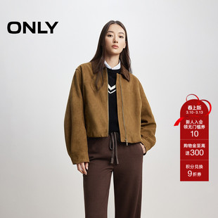 ONLY春季质感港风纯色拼接复古条绒翻领宽松PU夹克外套女