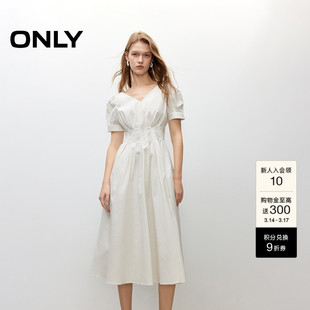 ONLY2026春季新款纯色高腰V领泡泡袖收腰显瘦中长裙短袖连衣裙女