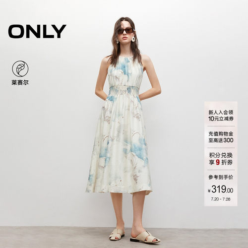 ONLY浪漫印花收腰打揽削肩连衣裙