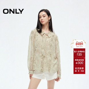 ONLY夏季通勤遮肚子时尚宽松V领系带雪纺衫女|124351002