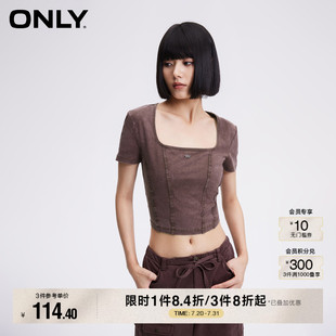 简约休闲百搭做旧显瘦拼接方领T恤女 ONLY夏季 124101006