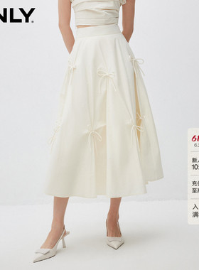 ONLY夏季优雅仙女立体蝴蝶结绑带设计中长款黑白色半身裙女