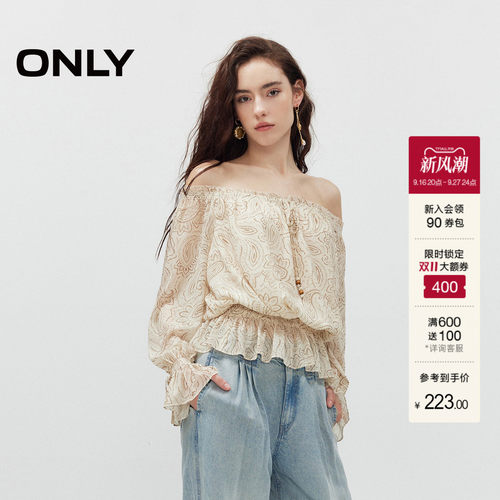 ONLY一字肩荷叶边蕾丝衫上衣