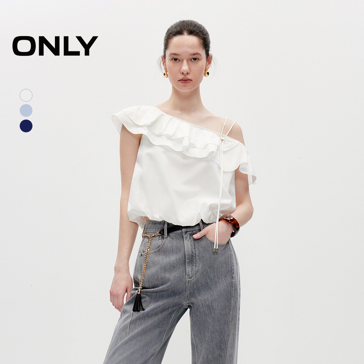 ONLY夏季气质荷叶边设计淡人短款显瘦可调节肩带雪纺衫上衣女