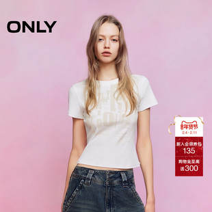 ONLY2026春季新款显瘦纵向罗纹复古斑驳字母印花短款短袖T恤女