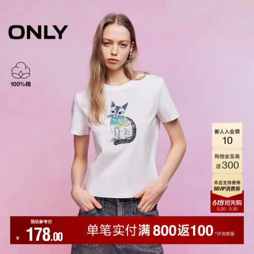 ONLY小猫印花纯棉短袖T恤