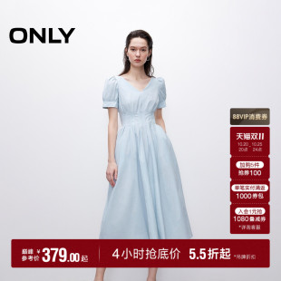 ONLY秋季新款高腰V领裙子泡泡袖收腰显瘦短袖纯色中长连衣裙