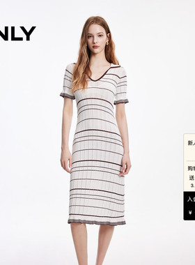 ONLY2026春季新款V字翻领不规则条纹花边舒适中长款针织连衣裙女
