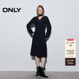 ONLY2026春季 新款 浪漫复古波点飘带V领颈长裙连衣裙子 天鹅裙