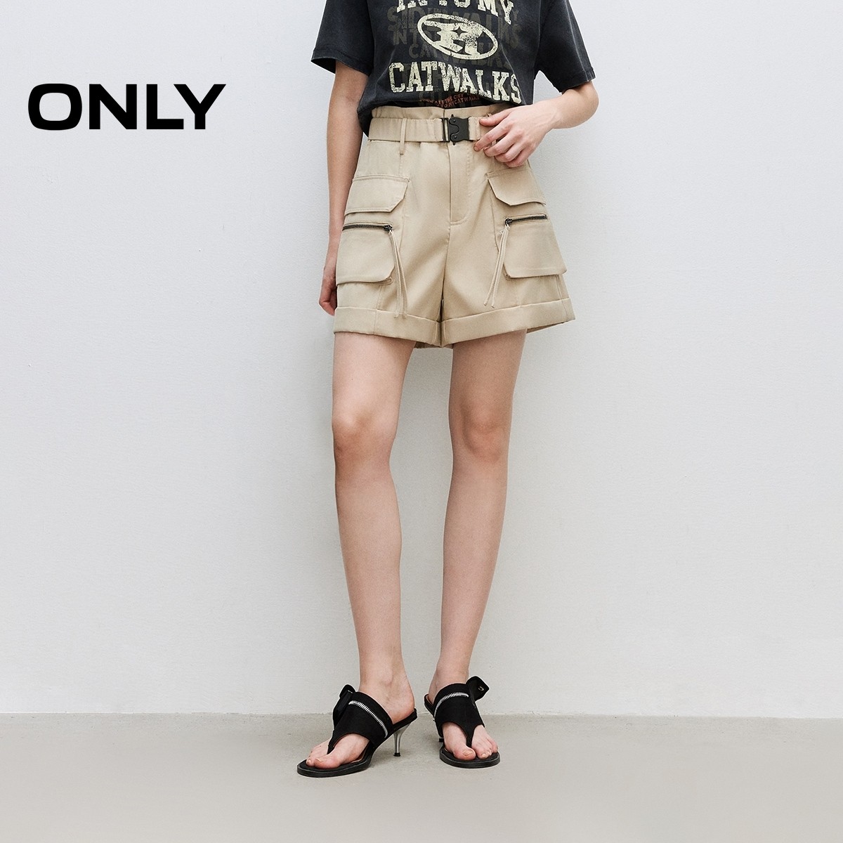 ONLY夏季新款高腰阔腿口袋设计卷边A字版型工装短裤休闲裤女