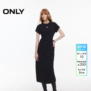 黑色中长款 休闲短袖 连衣裙女 收腰基础款 ONLY夏季