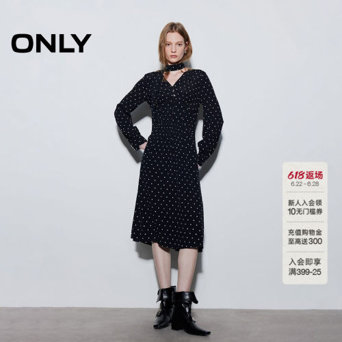 ONLY复古飘带V领长裙连衣裙