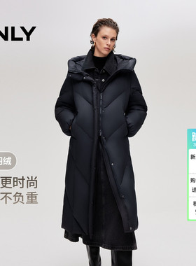 ONLY2025冬季新款长款连帽立领显瘦斜裁绗缝蓬松白鸭绒羽绒服女