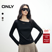 ONLY2026春季 T恤女 圆领长袖 新款 不规则镂空纯色设计修身