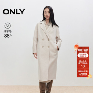 ONLY2025冬季新款山羊绒绵羊毛双面呢外套翻领中长款毛呢大衣女