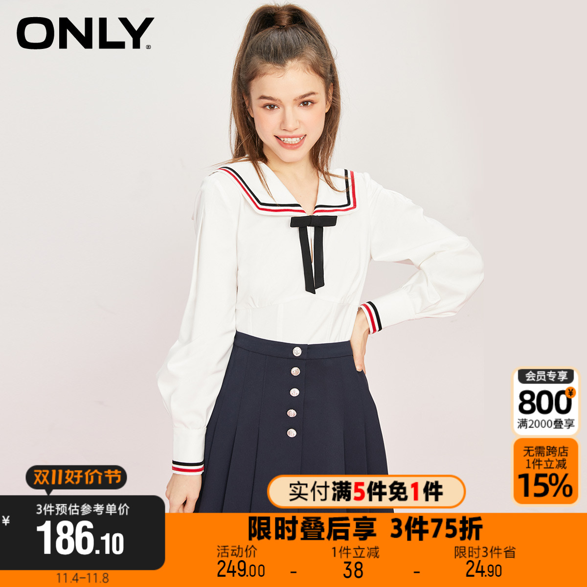 【买5免1】ONLY新款时尚百搭泡泡袖海军风长袖雪纺衫女|123151001
