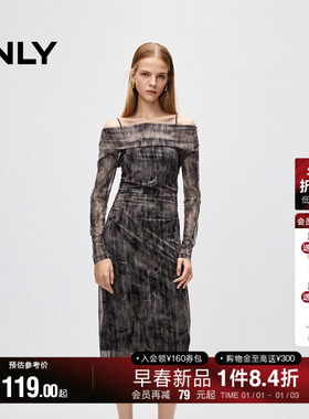 ONLY夏季波嬉风法式优雅一字领气质晕染印花中长款长袖连衣裙女|