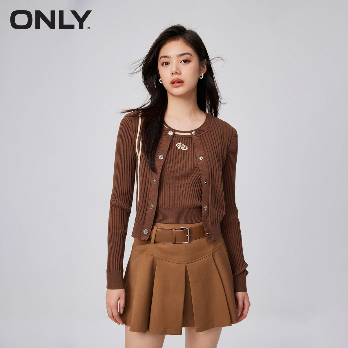 【旧货下架】ONLY冬季时尚百搭修身复古拼接设计短款套装针织衫女