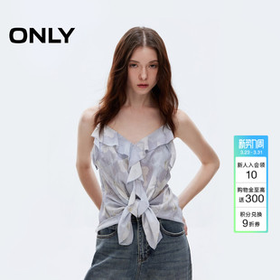 ONLY夏季 上衣女 不规则飘逸荷叶边碎花V领细吊带收腰雪纺衫