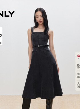 ONLY春季时尚潮酷PU拼接肩带中长款吊带裙子黑色牛仔裙连衣裙女