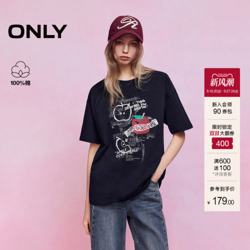 ONLY苹果印花宽松落肩纯棉T恤