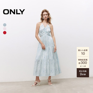 ONLY2026夏季 浪漫花卉印花裙子腰部镂空挂脖V领绑带连衣裙女 新款