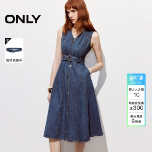 裙子腰带收腰中长裙牛仔连衣裙女 优雅V领无袖 ONLY2026春季 新款