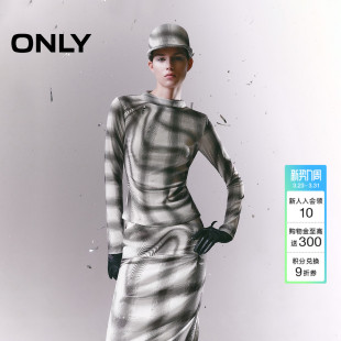 ONLY2026春季 辣妹风轻薄网纱印花收腰捏褶高领正肩上衣T恤女 新款