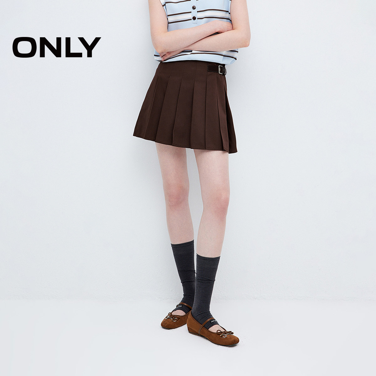 ONLY扣带设计学院百褶短裙半身裙