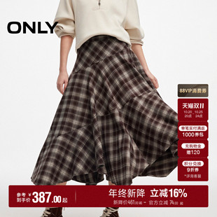 ONLY2026秋季新款垂坠感格纹格子中长裙不规则裙子松紧腰半身裙女
