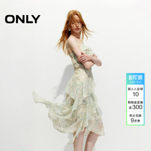 ONLY2026春季 飘逸荷叶边裙子可调节细肩带不规则仙女连衣裙女 新款