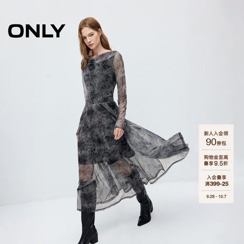 ONLYA字长袖裙子荡领网纱连衣裙