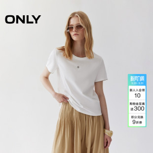 饰正肩圆领短袖 上衣撞色花边设计金属装 T恤女 新款 ONLY2026春季