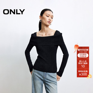 ONLY2025冬季新款立体坑条显瘦软糯亲肤纯色一字肩长袖针织衫女