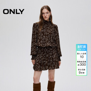 荷叶边收腰裙子高领短裙连衣裙女 复古印花泡泡袖 ONLY2025春季 新款