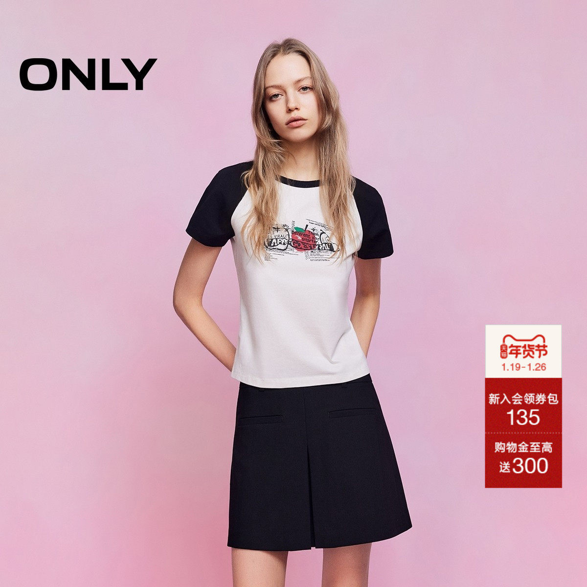 ONLY2026春季新款复古海报苹果印花显瘦撞色插肩袖短款短袖T恤女,女装/女士精品,T恤,淘宝优惠券,粉丝福利购,淘宝优惠卷