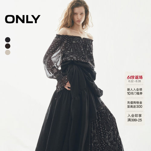 ONLY一字肩荷叶边蕾丝衫上衣