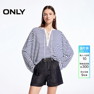 上衣T恤女 航海风随性绑带设计宽松落肩条纹长袖 ONLY2026春季 新款