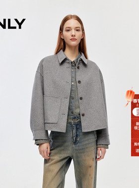 ONLY2025冬季新款大口袋宽松舒适落肩短款衬衫双面毛呢大衣外套女