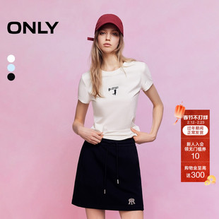 ONLY2026春季新款舒适圆领立体小猫音符刺绣显瘦正肩短袖T恤女