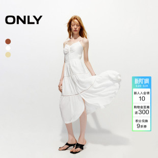 ONLY2026春季 波嬉风可调节肩带压褶淡人度假吊带裙子白连衣裙 新款