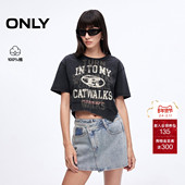 ONLY2025夏季 T恤女 短袖 新款 涂鸦印花纯棉不规则宽松落肩圆领短款