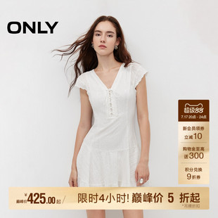 ONLY夏季甜美重工刺绣闪片装饰裙子V领小飞袖白色短裙连衣裙女
