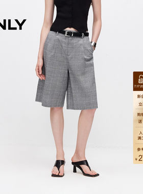 ONLY亚麻复古格纹宽松短裤休闲裤