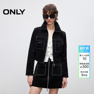短款 饰口袋翻领直筒长袖 皮衣外套上衣女 精致明线装 ONLY春季