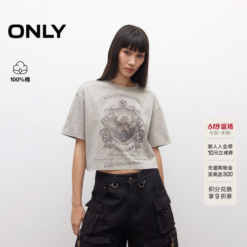ONLY印花圆领落肩宽松短款T恤