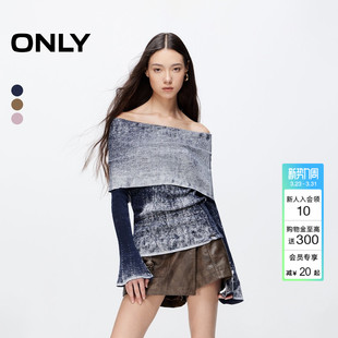 女 ONLY冬季 一字肩针织衫 优雅做旧纯棉修身 124324019 上衣时尚