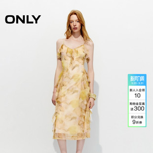 ONLY2026春季 荷叶边裙子V领可调节细肩带网纱不规则连衣裙 新款